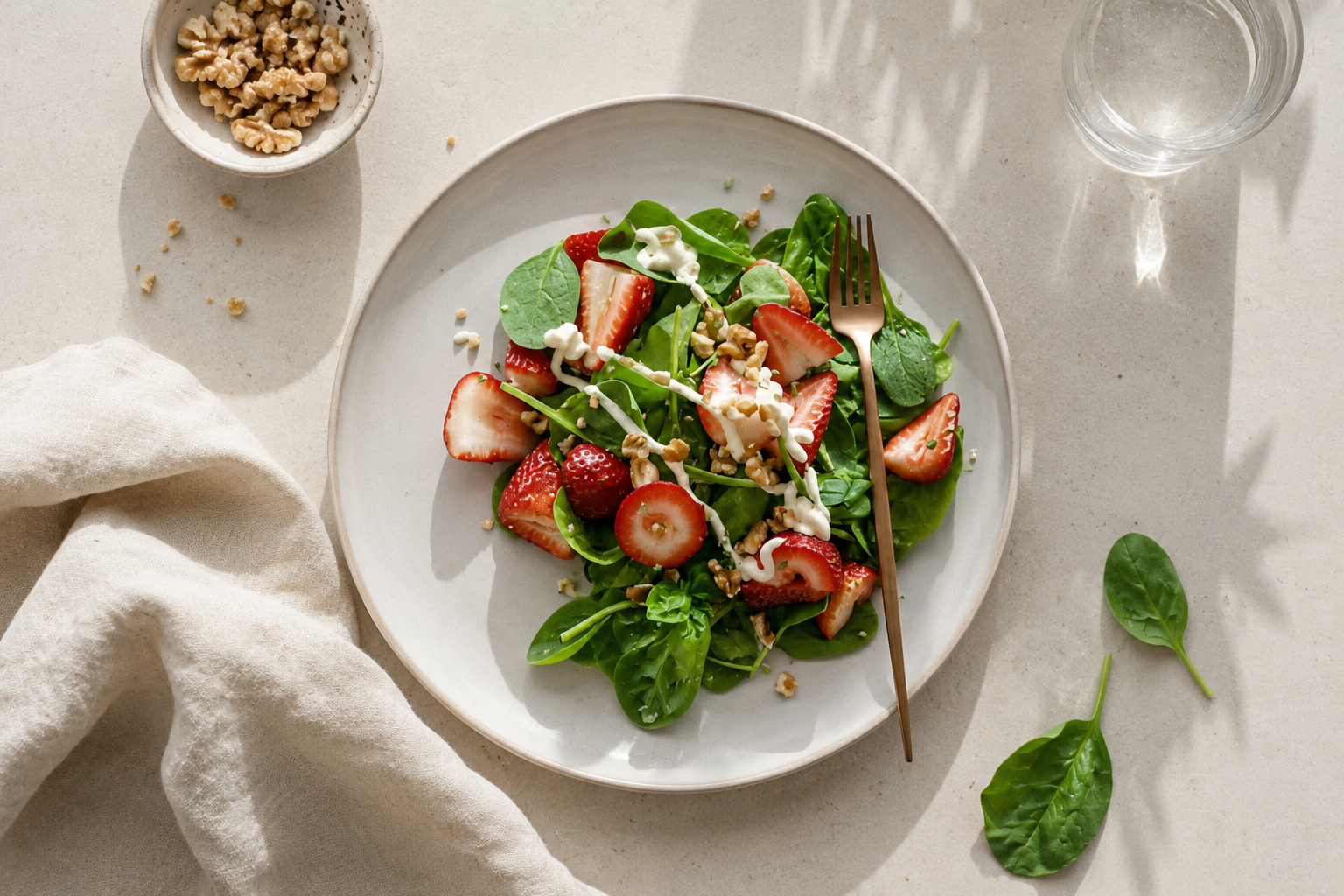 Roheline salat maasikate, pähklite ja jogurtikastmega