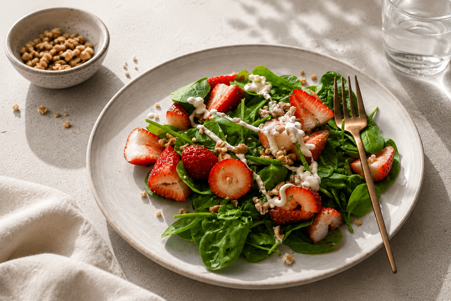 Roheline salat maasikate, pähklite ja jogurtikastmega