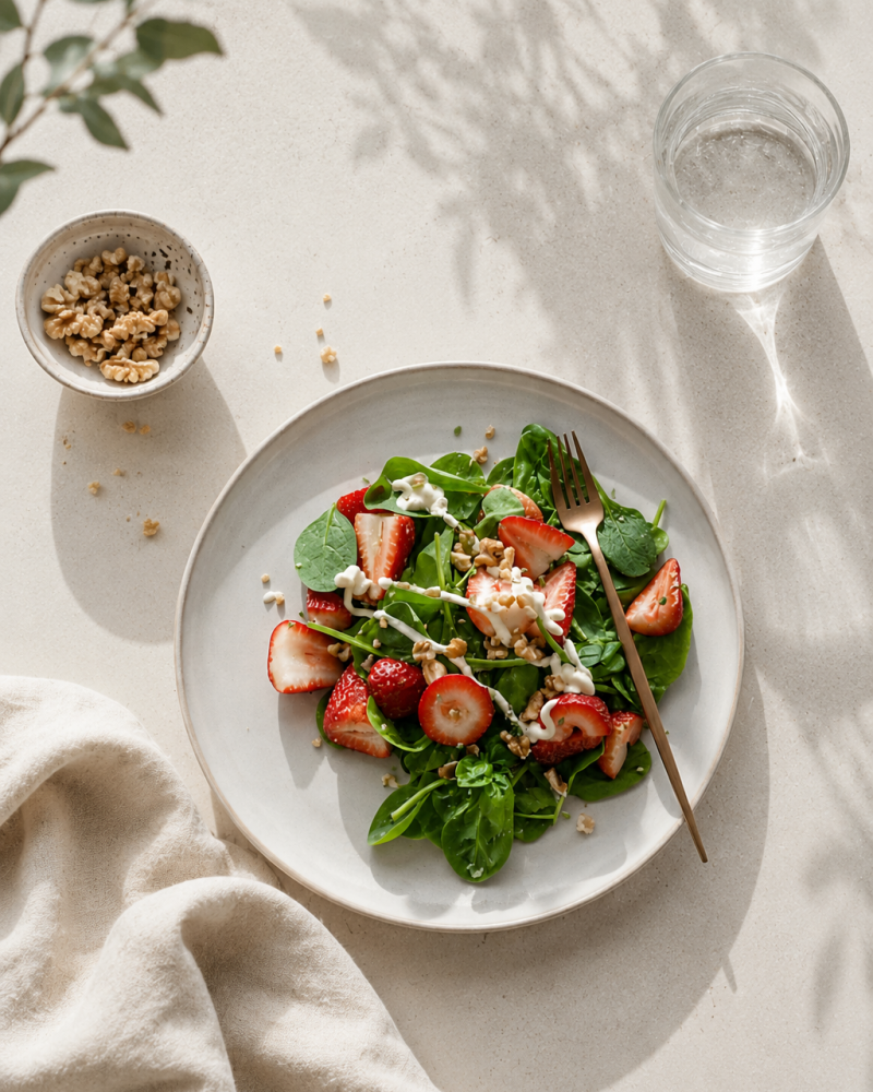Roheline salat maasikate, pähklite ja jogurtikastmega
